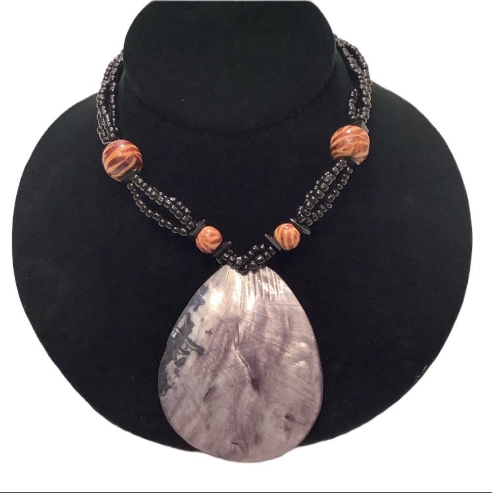 Vintage Multi Strand Black Bead Necklace With Shell Pendant
